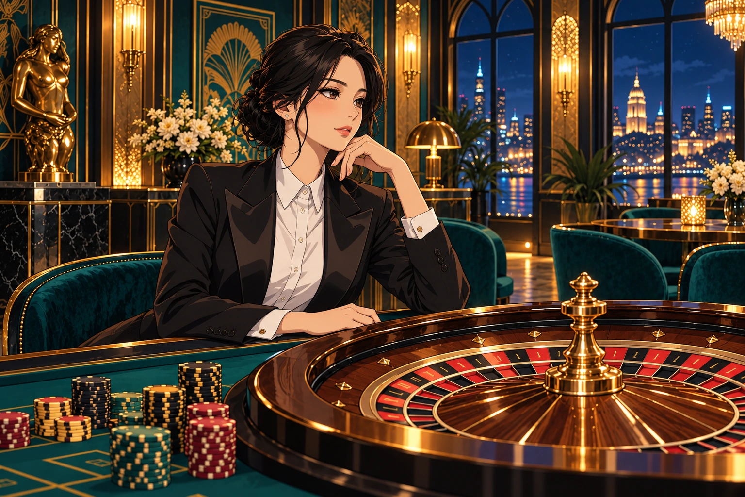 Ilustrasi anime perempuan dewasa berjas hitam di samping meja roulette bernuansa teal dan emas
